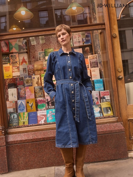 JD Williams Blue Volume Sleeve Denim Midi Dress (V12322) | £52