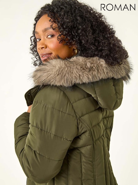 Roman Green Faux Fur Hood Longline Quilted Coat (V12398) | £110