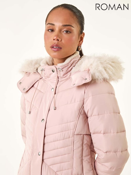 Roman Pink Faux Fur Hood Longline Quilted Coat (V12401) | £110