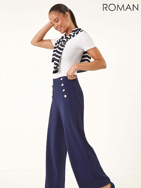 Roman Blue Petite Button Detail Wide Leg Trousers (V12411) | £42