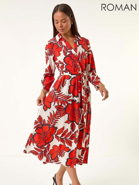 Roman Red Petite Floral Midi Shirt Dress (V12429) | £58