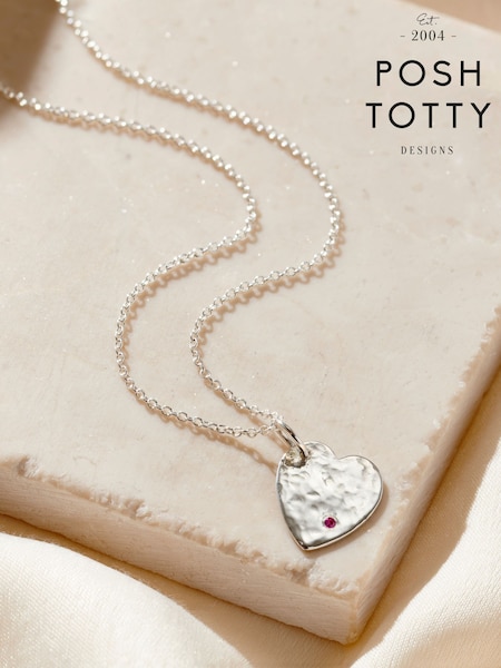 Posh Totty Designs Silver Tone Personalised Textured Confetti Birthstone Heart Necklace (V12468) | £106