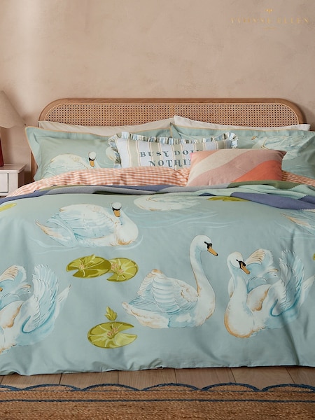 Yvonne Ellen Aqua Sister Swans 100% Cotton Pillowcase Pair (V12557) | £20