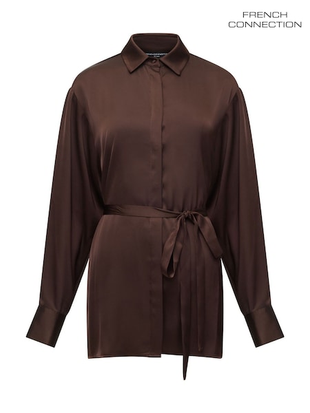 French Connection Brown Bernadetta Satin Tie Belt Shirt (V12662) | £69