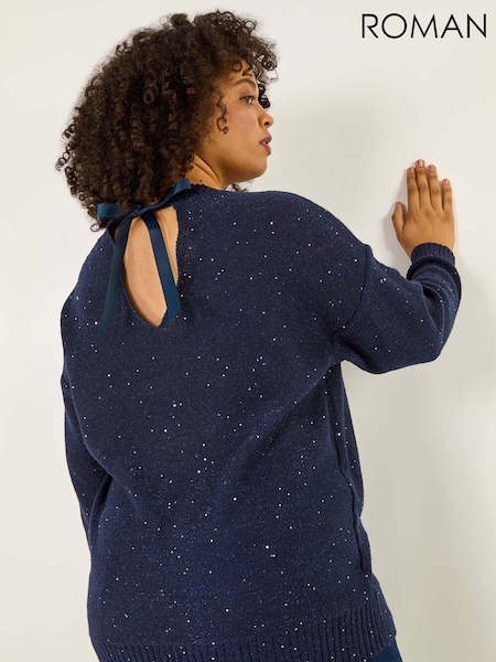 Roman Blue Curve Hotfix Longline Knit Jumper (V12691) | £48