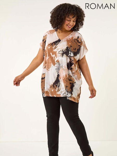 Roman Brown Curve Printed V-Neck Woven Tunic Top (V12701) | £42