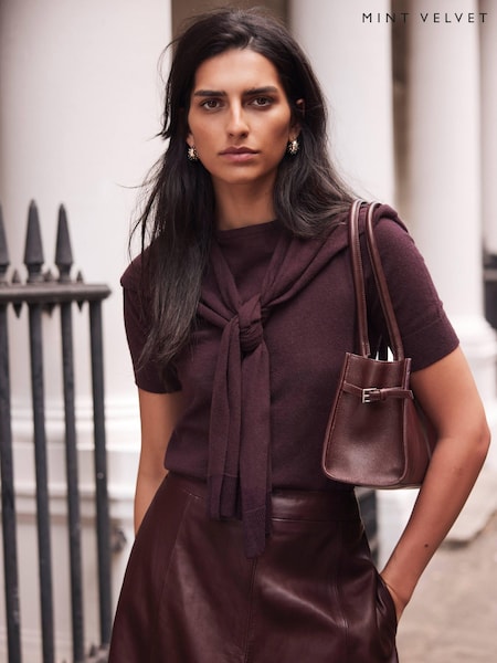 Mint Velvet Purple Burgundy Cotton Blend Scarf Detail Knit Top (V12740) | £79