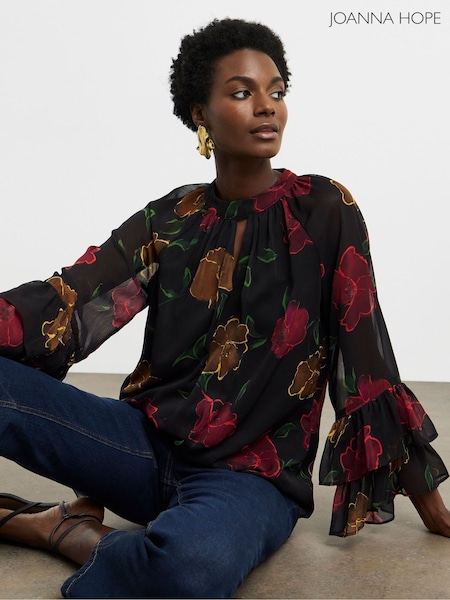 Joanna Hope Floral Print Ruffle Sleeve Chiffon Black Blouse (V12747) | £55