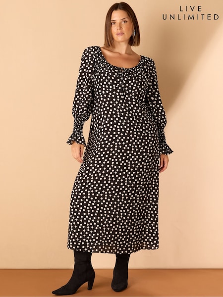 Live Unlimited Black Curve Spot Scoop Neck Sheer Sleeve Dress (V12778) | £89