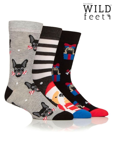 Wild Feet Grey Christmas Gift Dog Socks 3 pack (V12977) | £12