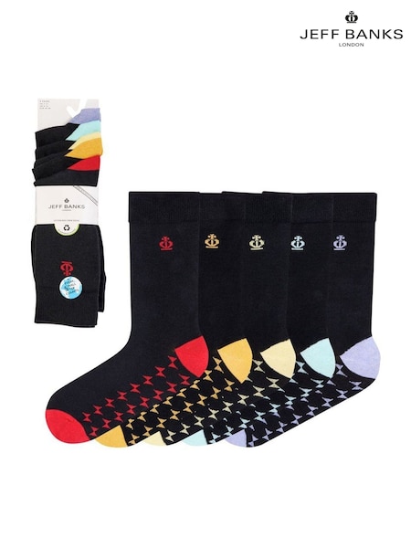 Jeff Banks Black Multi Pack Classic Crew Socks With Pop Soles (V12982) | £12