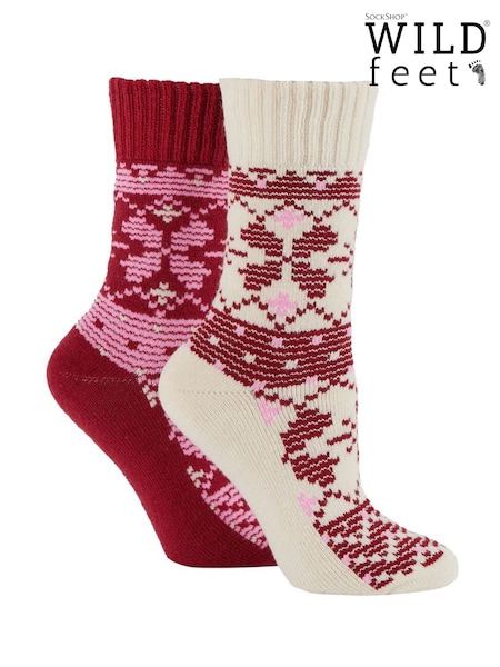 Wild Feet Red Chunky Fairisle Thermal  Socks 2 Pack (V12983) | £12