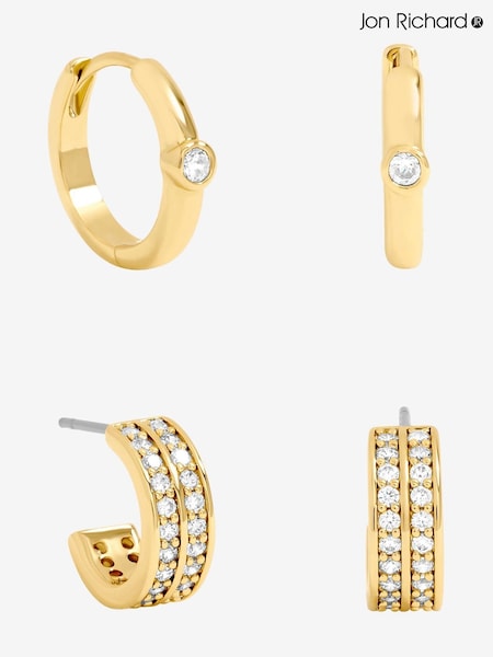 Jon Richard 14K Gold Polished and Pave Hoops Pack of 2 (V13521) | £25