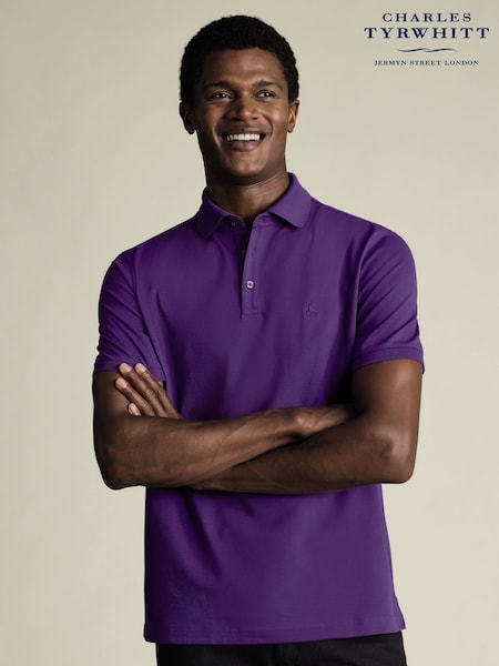 Charles Tyrwhitt Purple Solid Short Sleeve Cotton Stretch Pique Polo Shirt (V13600) | £55