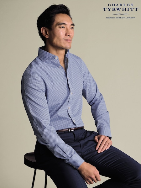 Charles Tyrwhitt Blue Royal Gingham Non-Iron Poplin Cutaway Slim Fit Shirt (V13605) | £70