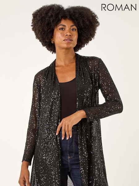 Roman Black Sequin Longline Kimono Blouse (V13778) | £55