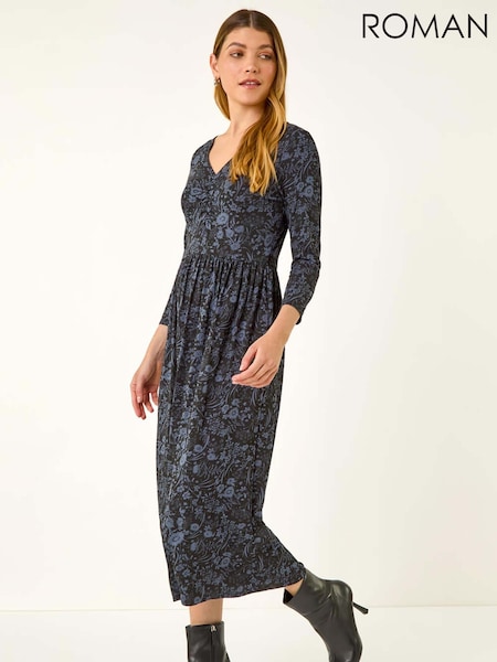 Roman Grey Floral Print Ruched Stretch Midi Dress (V13788) | £45