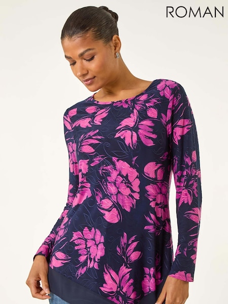 Roman Pink Floral Jacquard Chiffon Hem Tunic Top (V13795) | £36