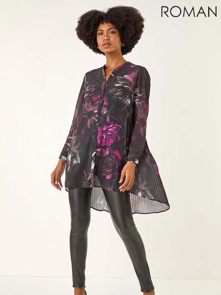 Roman Black Floral Print Pleated Back Blouse (V13804) | £42