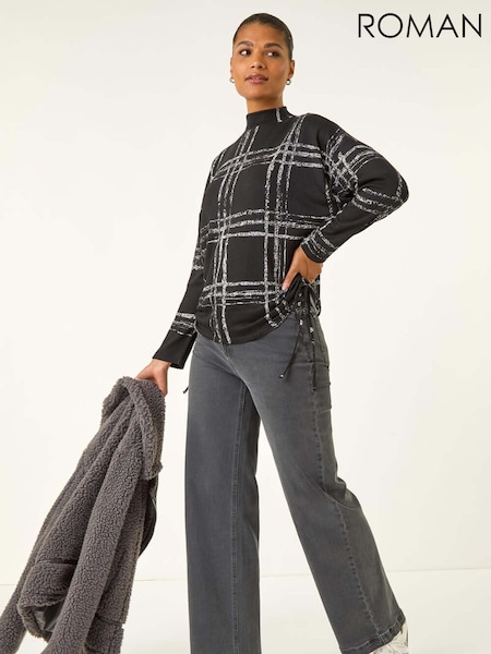Roman Black Plaid Print Side Tie Blouse (V13811) | £40