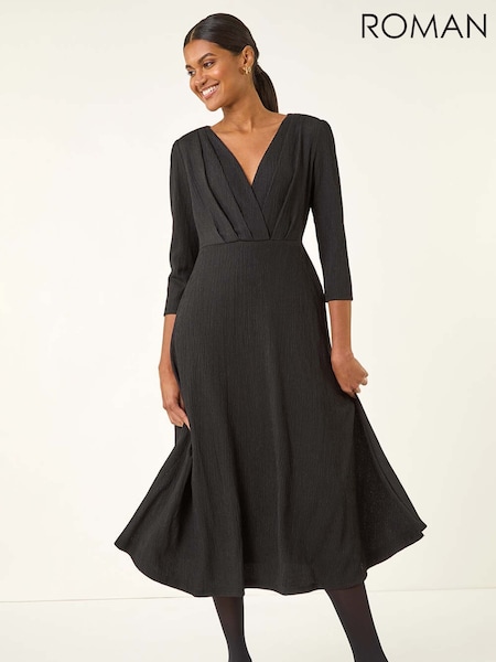 Roman Black Textured Wrap Midi Dress (V13814) | £48