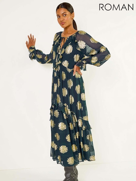 Roman Blue Frill Brocade Midi Dress (V13824) | £70