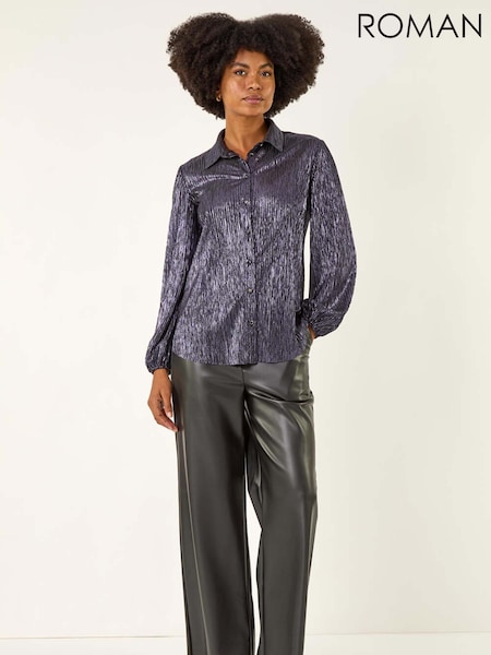 Roman Blue Foil Plisse Button Through Blouse (V13834) | £48
