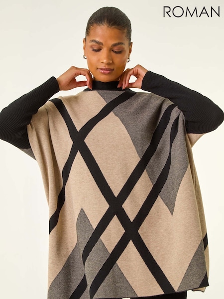 Roman Natural Plaid Asymmetric Knit Poncho (V13835) | £42