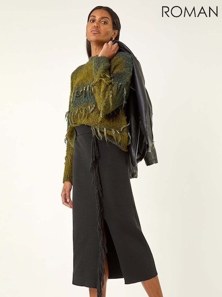 Roman Black Fringe Side Knit Midi Pencil Skirt (V13836) | £40