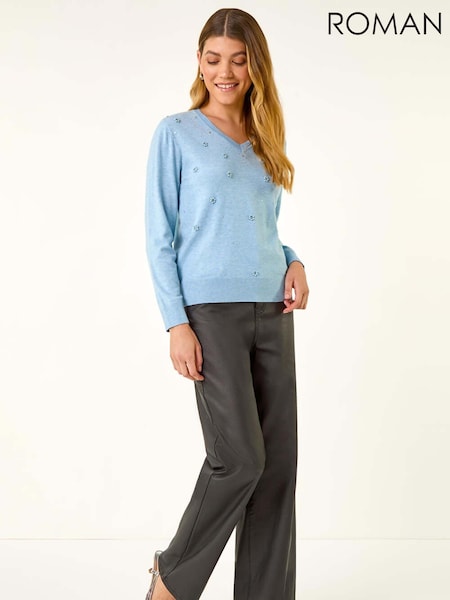 Roman Blue V-Neck Floral Hotfix Jumper (V13840) | £45