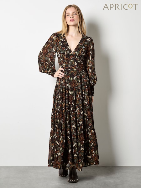 Apricot Green Textured Ikat Tiered Maxi Dress (V14410) | £55