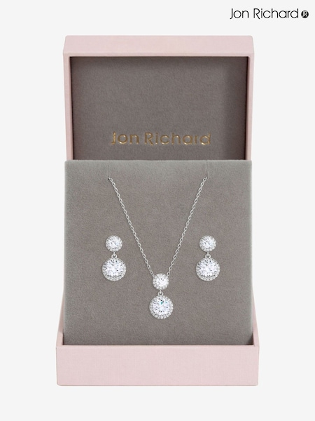 Jon Richard Silver Rhodium Plated and Cubic Zirconia Double Halo Drop Set Gift Box (V14581) | £30