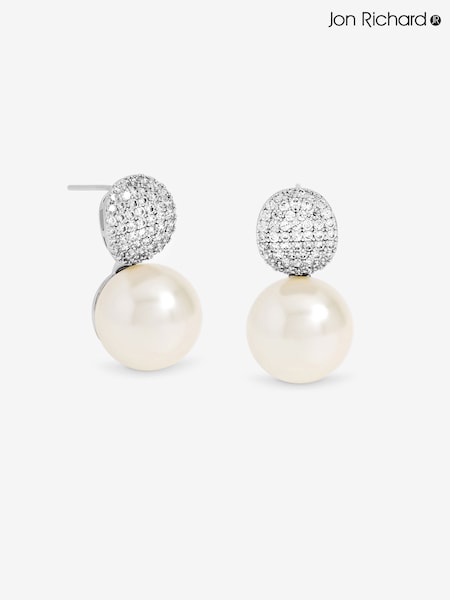 Jon Richard Silver Rhodium Plated Pave and Pearl Drop Earrings (V14582) | £20
