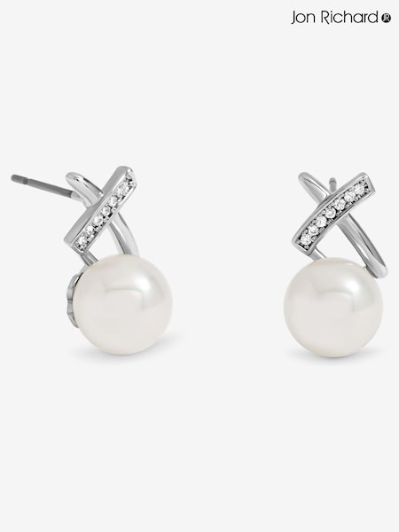 Jon Richard Silver Rhodium Plated Pave and Pearl Kiss Stud Earrings (V14589) | £18