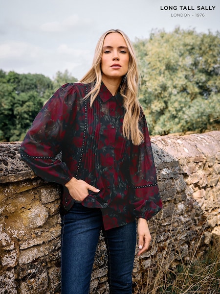 Long Tall Sally Black Blurred Rose Pintuck Blouse (V14690) | £33