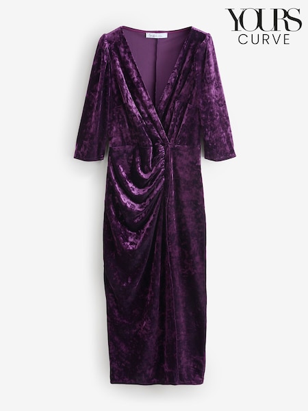 Yours Curve Purple London Velvet Wrap Gathered Dress (V14745) | £57