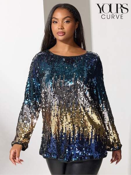 Yours Curve Blue London Multi Bow Back Sequin Ombre Top (V14750) | £50