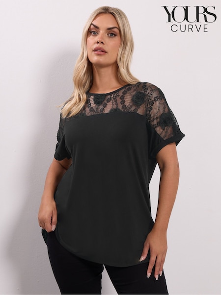 Yours Curve Black Rose Insert Grown On T-Shirt (V14775) | £24