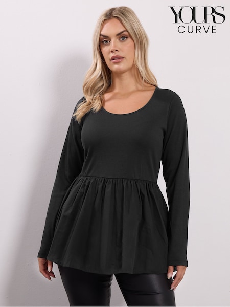 Yours Curve Black Long Sleeve Ribbed Mixed Peplum Top (V14789) | £24