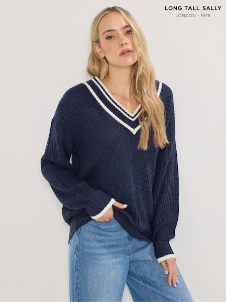 Long Tall Sally Blue Striped Trim V-Neck Jumper (V14814) | £36