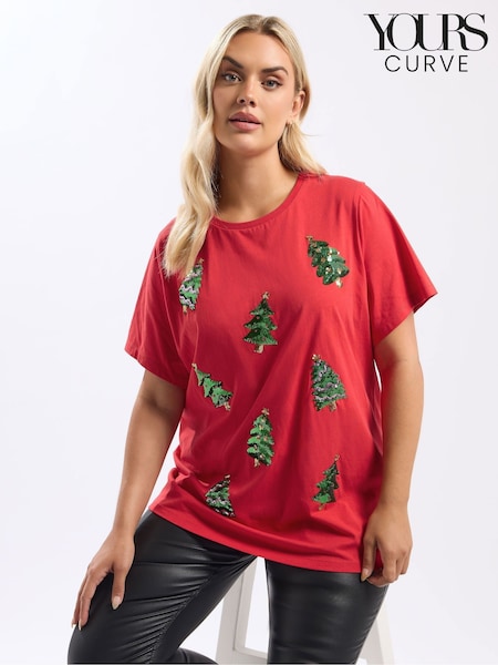 Yours Curve Red Short Sleeve Sequin Novelty T-Shirt (V14821) | £20