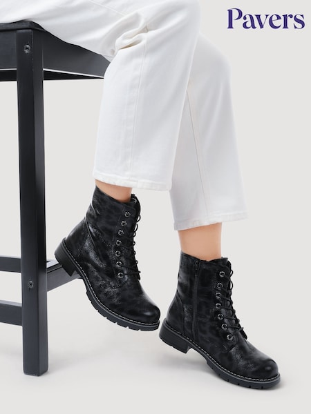 Pavers Black Leopard Ladies Lace-Up Ankle Boots (V15750) | £45