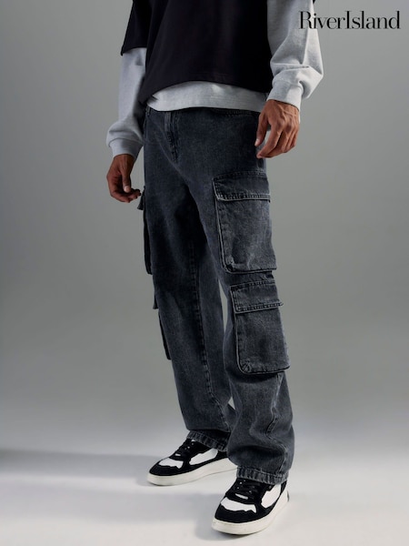 River Island Black Loose Fit Washed Denim Cargo Jeans (V15825) | £49