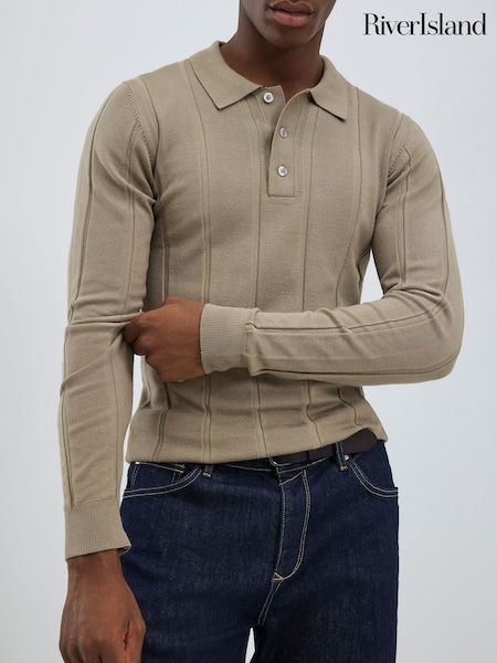 River Island Grey Long Sleeve Viscose Ribbed Muscle Fit Polo Shirt (V15834) | £34