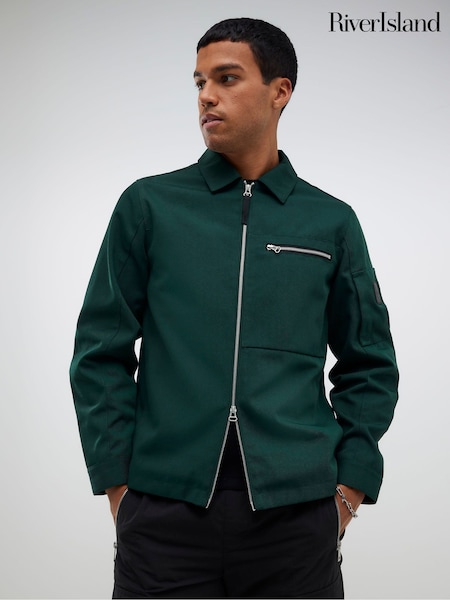 River Island Green Twill Tech Zip-Up Shacket (V15966) | £59