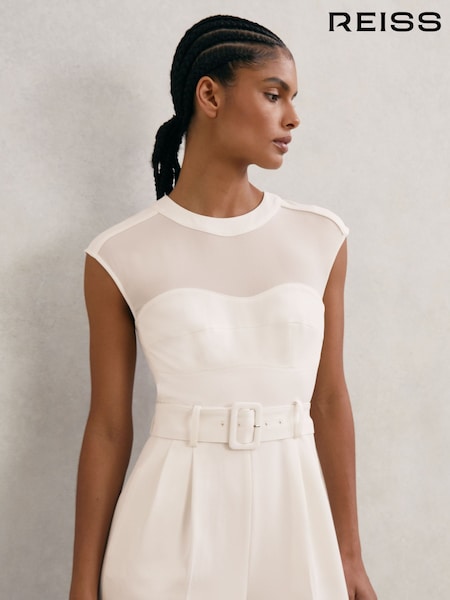 Reiss Ivory Alba Petite Sheer-Panel Wide-Leg Belted Jumpsuit (V15990) | £248