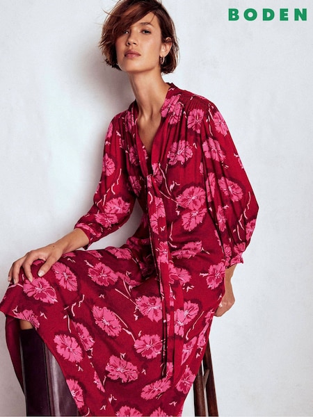Boden Red Brooke Tie Neck Tea Dress (V16435) | £159
