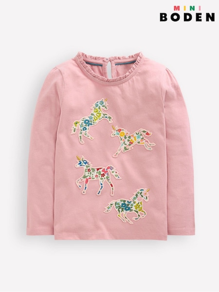 Boden Pink Frill Neck Appliqué T-Shirt (V16468) | £19 - £21