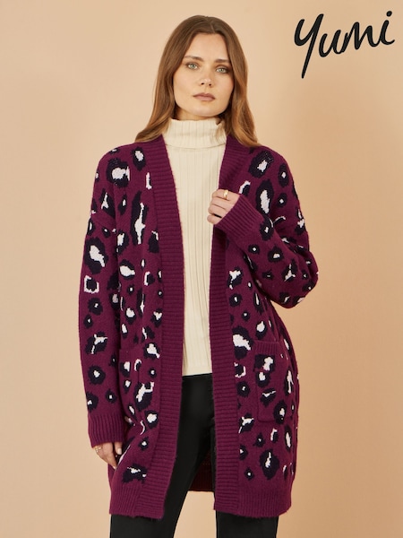 Yumi Purple Animal Intarsia Long Cardigan (V16709) | £55