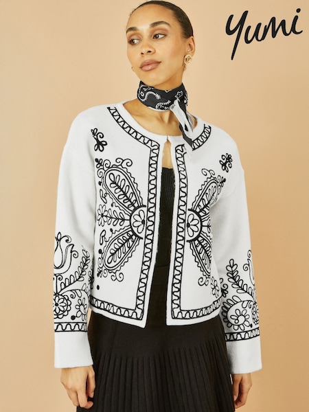 Yumi White Folk Embroidered Edge To Edge Cardigan (V16717) | £55